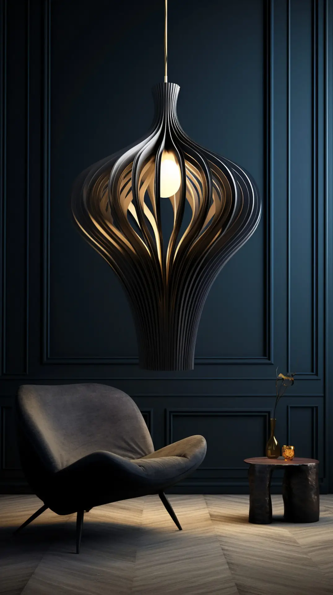 ia lighting ceiling pendant lamp, in the style of realistic and hyper-detailed renderings, calming symmetry, tony orrico, gothic dark and moody, curvaceous simplicity, elegant compositions, orientalist influence --ar 9:16 --v 5.2 Job ID: b7543cff-e040-4114-a054-02c80f0d8246