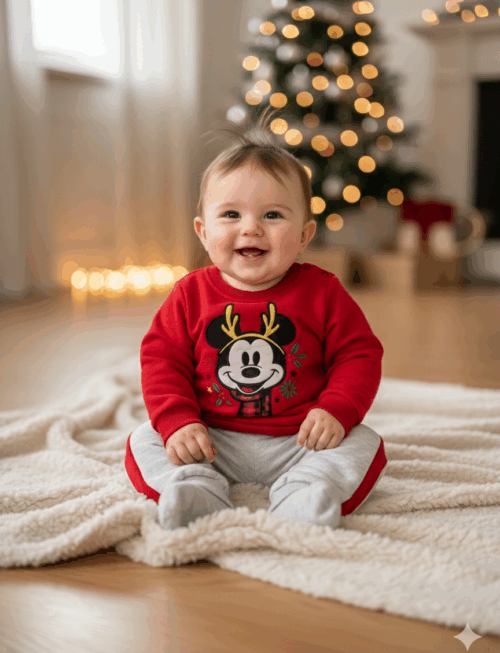 Unisex Kırmızı Gri Noel Mickeyli Baskılı Polar 2’li Takım 6-9 Ay