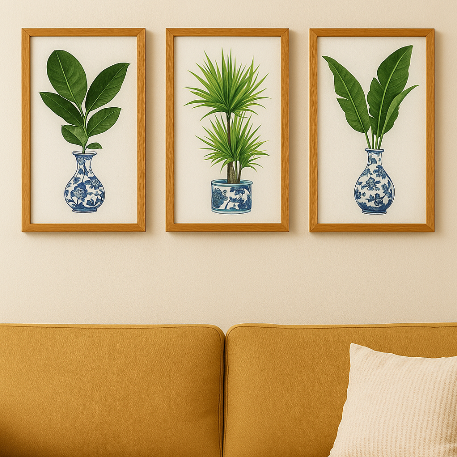 Bitki Desenli 3’lü Dekoratif Duvar Tablo Seti – Mavi Beyaz Vazo Tasarımı 25x40 - Görsel 3