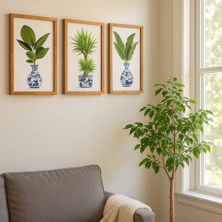 Bitki Desenli 3’lü Dekoratif Duvar Tablo Seti – Mavi Beyaz Vazo Tasarımı 25x40 - Görsel 2