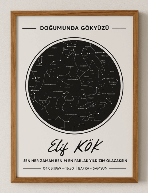 Doğumunda Gökyüzü Haritası Tablo Ahşap Çerçeveli Hediye Dekoratif Duvar Tablosu