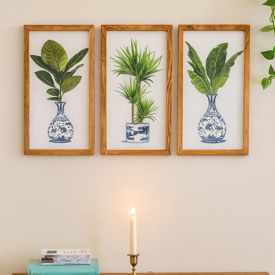 Bitki Desenli 3’lü Dekoratif Duvar Tablo Seti – Mavi Beyaz Vazo Tasarımı 25x40