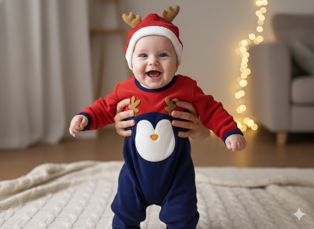 Unisex Kırmızı Lacivert Noel Penguenli Patikli Kadife Tulum | 0-3 Ay – 3-6 Ay Bebek Yılbaşı Tulum - Görsel 3