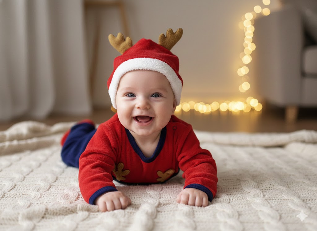 Unisex Kırmızı Lacivert Noel Penguenli Patikli Kadife Tulum | 0-3 Ay – 3-6 Ay Bebek Yılbaşı Tulum