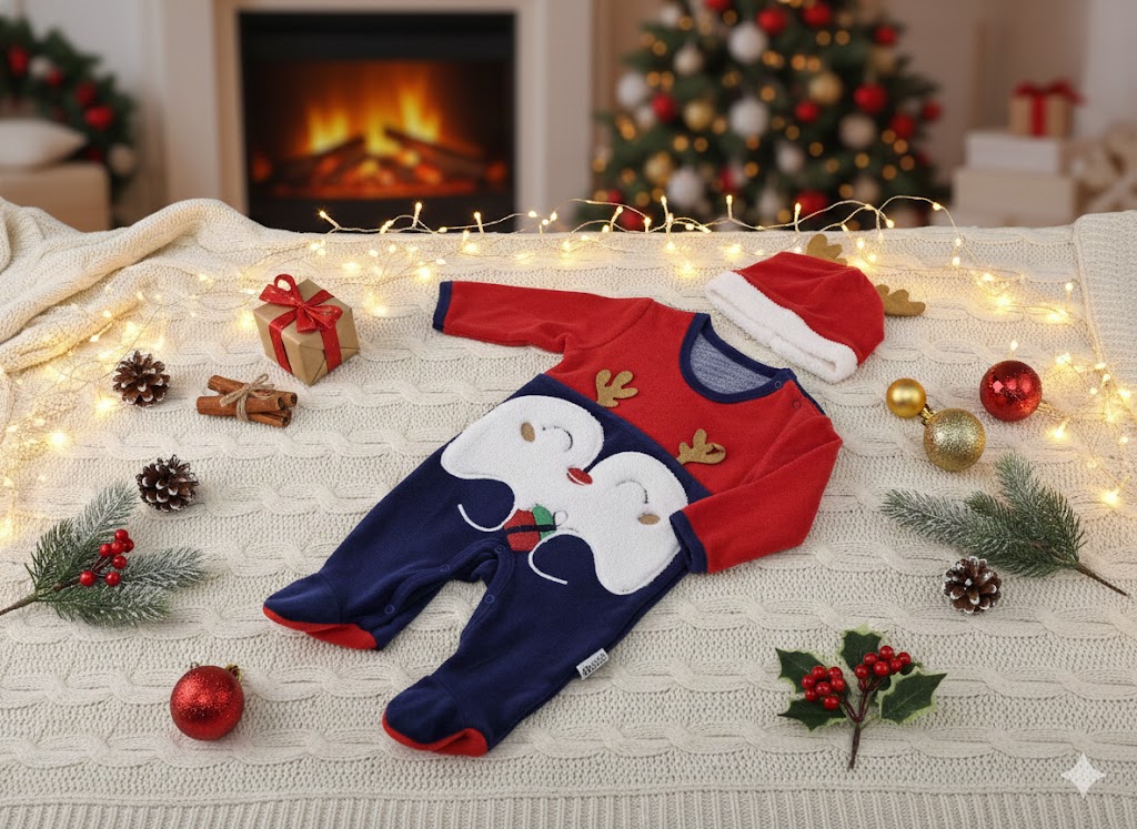 Unisex Kırmızı Lacivert Noel Penguenli Patikli Kadife Tulum | 0-3 Ay – 3-6 Ay Bebek Yılbaşı Tulum - Görsel 4