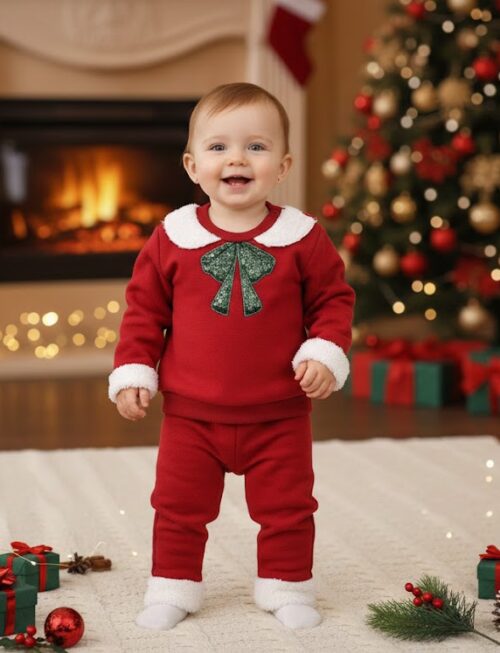 Kız bebek Noel Kırmızı Yeşil Pullu Polar 2'li Takım