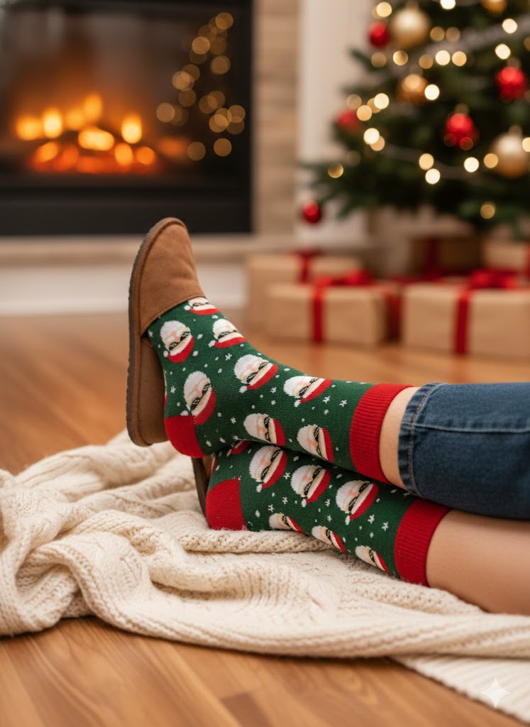 Neşeli Noel Baba Desenli Kışlık Yılbaşı Çorabı
