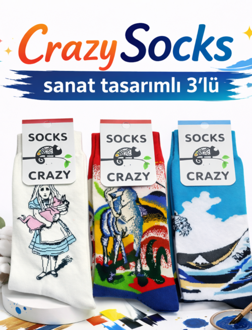 Crazy Socks Unisex 3'lü Sanat Tasarım Desenli Pamuklu Çorap Seti