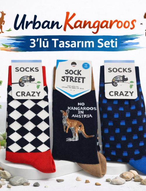 Crazy Socks Urban Kangaroos 3'lü Koleksiyon Tasarım  Seti