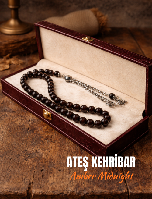 Ateş Kehribar Tesbih Alpaka Püsküllü Amber Midnight