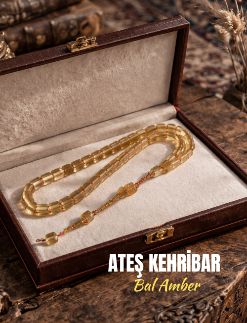 Ateş Kehribar Tesbih Alpaka Püsküllü Bal Amber Tonu