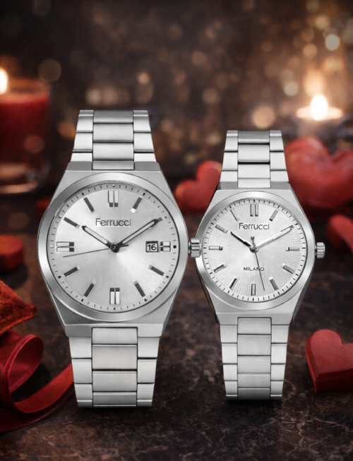 Ferrucci Duo Silver - Sevgililer Gününe Özel Kadın Erkek Çift Saat Seti Kol