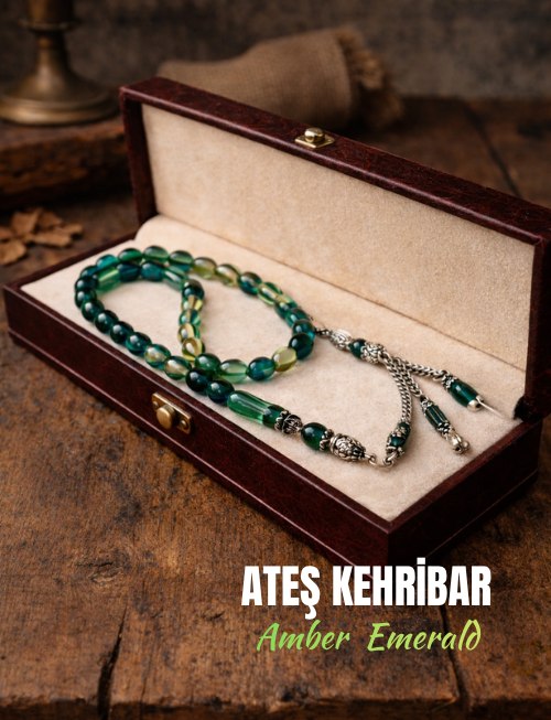 Ateş Kehribar Tesbih Alpaka Püsküllü Amber Emerald