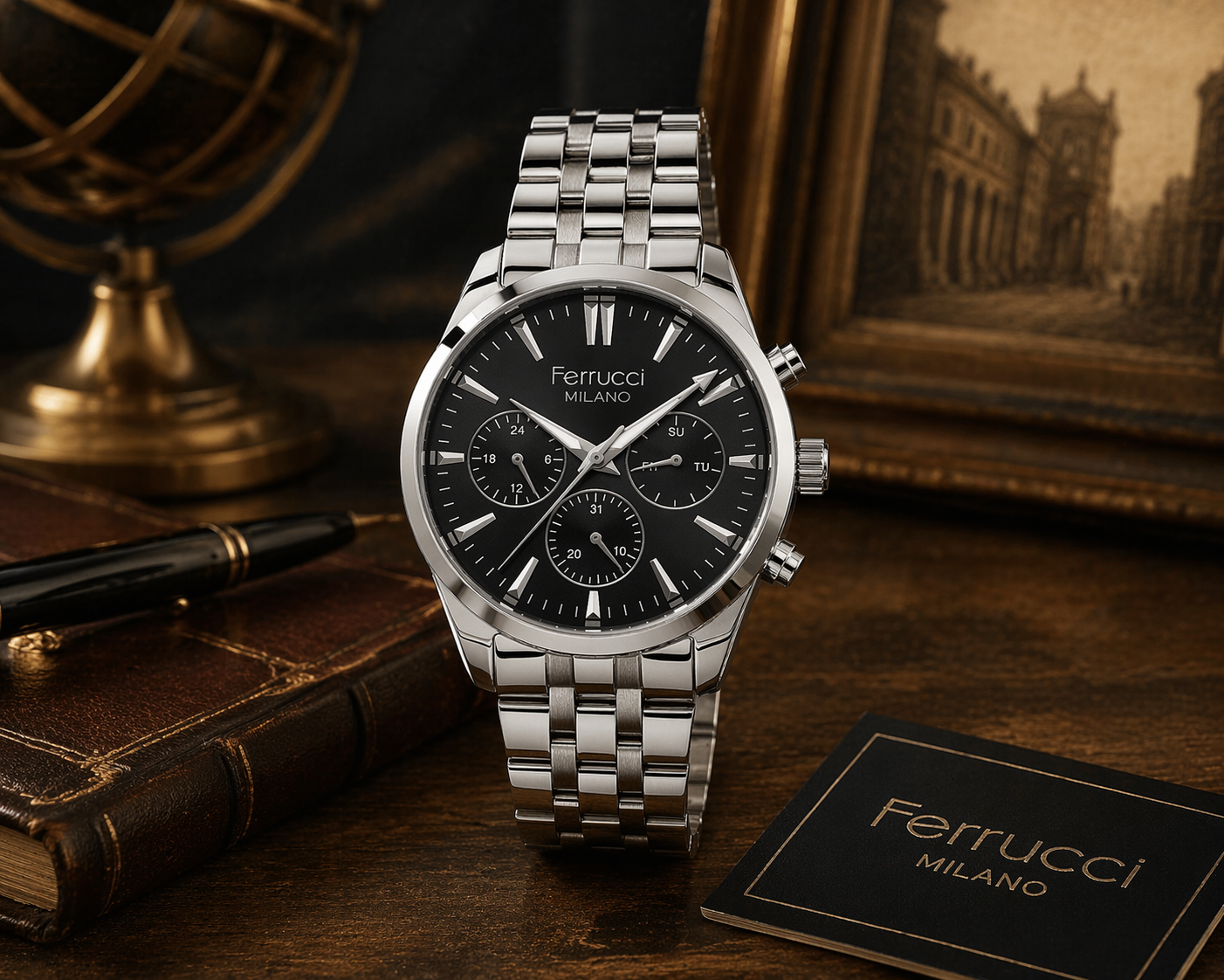 Ferrucci Milano Siyah Kadran Erkek Saat – Gümüş Metal Kordon Çok Fonksiyonlu Şık Kol Saati